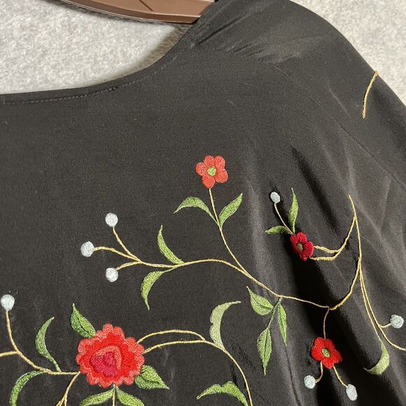 Ania A OPen Cardigan Kimono Womens M Black Embroidered Silk Top Floral Artsy - Picture 14 of 15